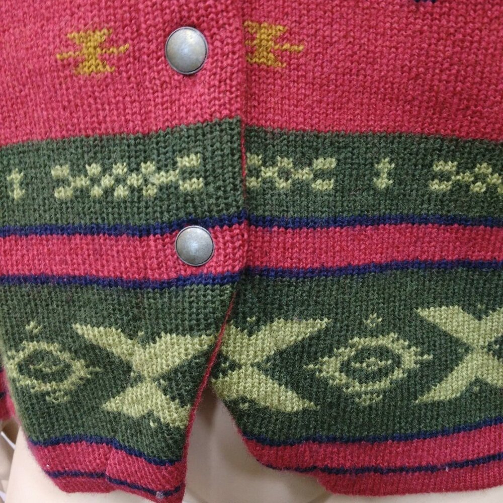 Vintage 90s Aztec Wool Cardigan Sweater Womens M Red Green Button Front - Picture 4 of 12